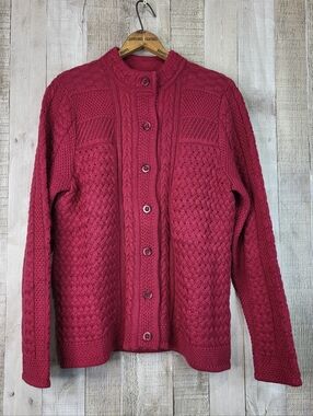 L.L. Bean Red Cable-Texture Button Cardigan. Cotton. Size Medium. 290399